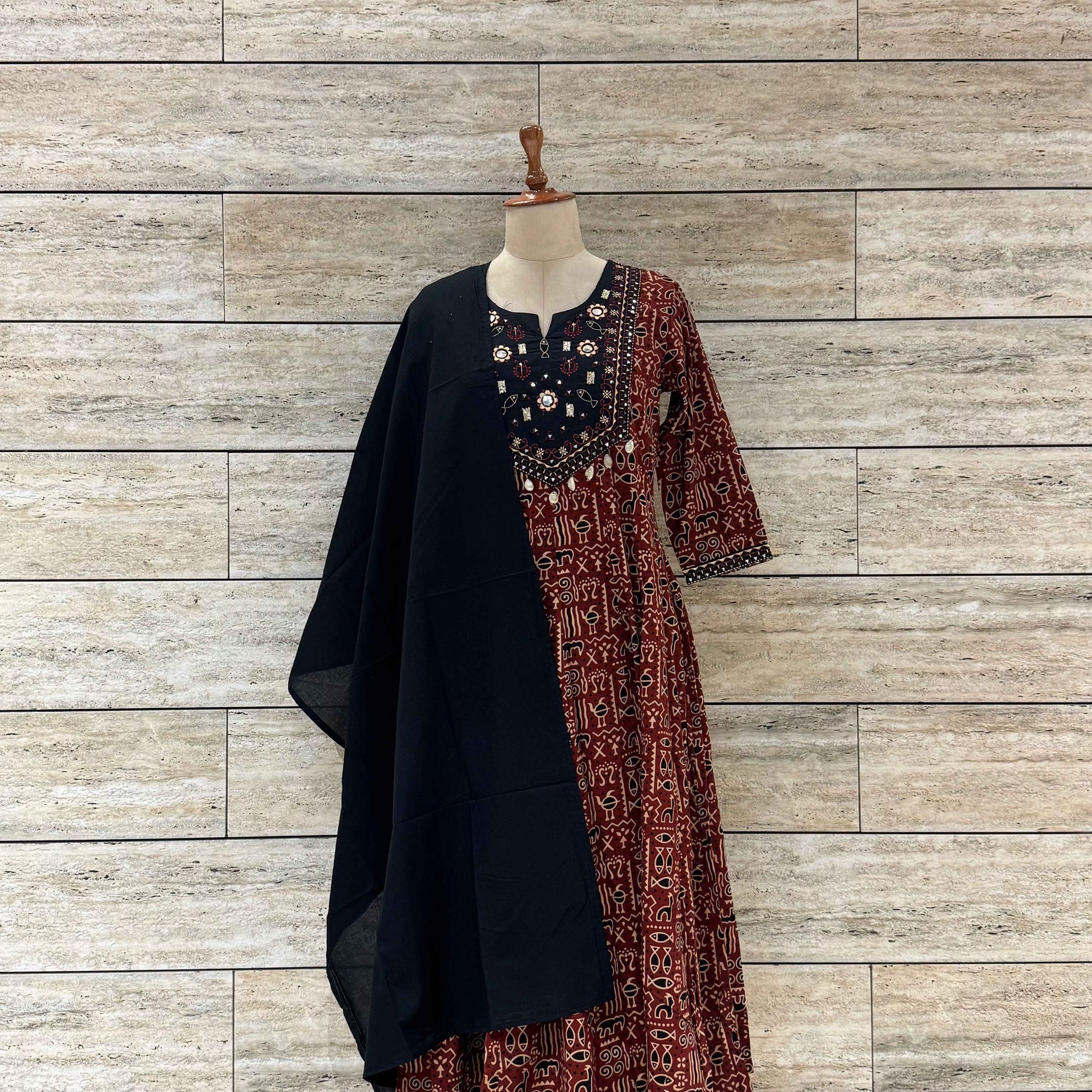 Pure Cotton Ajrakh Print Anarkali Dupatta Set With Embroidery Work