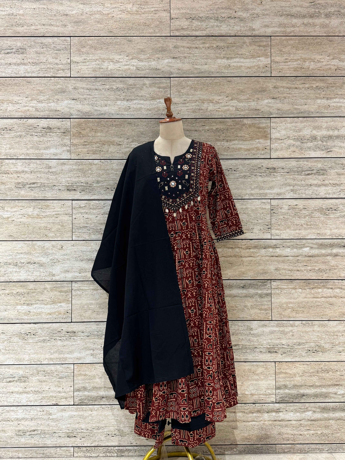 Pure Cotton Ajrakh Print Anarkali Dupatta Set With Embroidery Work