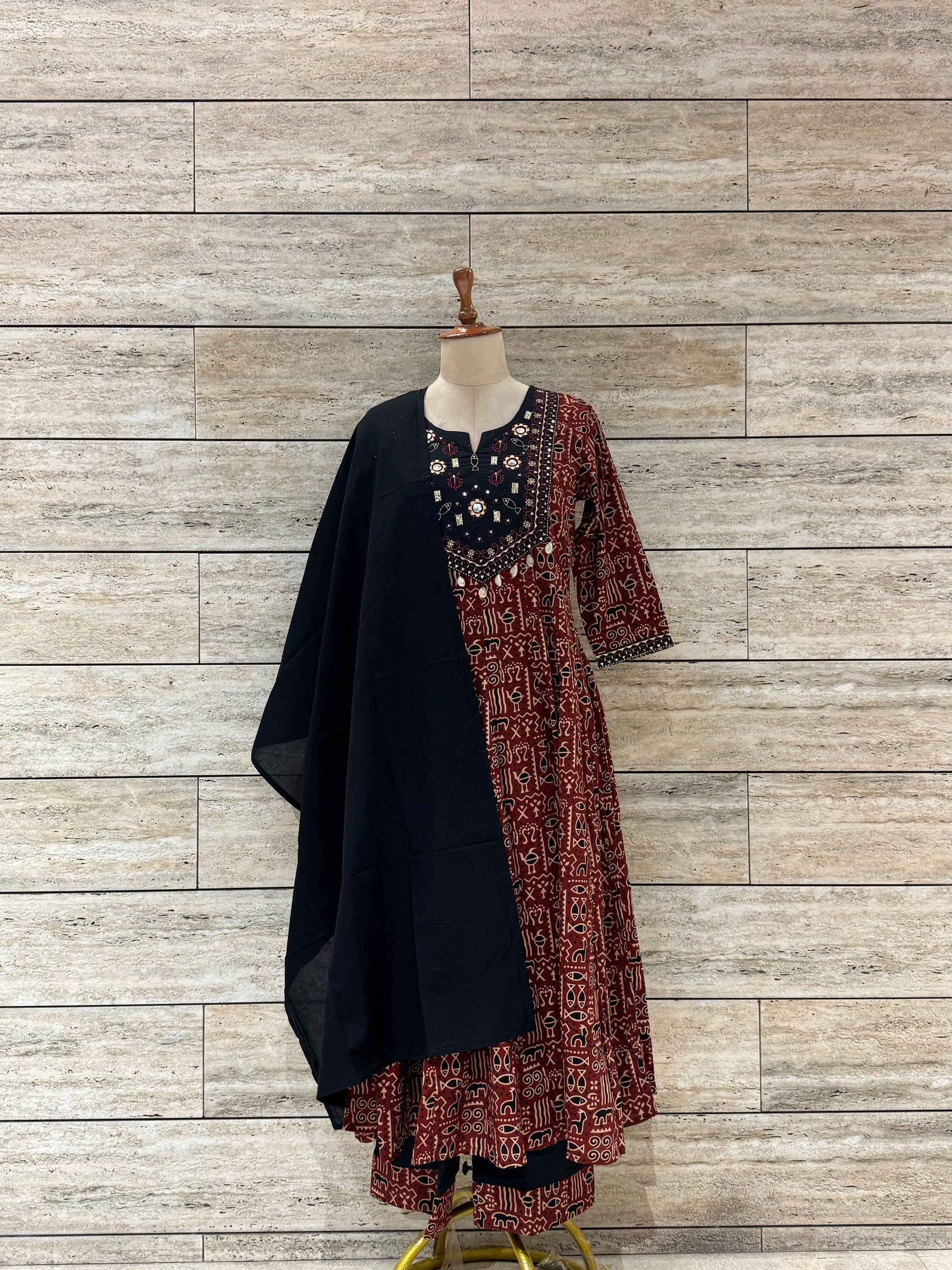 Pure Cotton Ajrakh Print Anarkali Dupatta Set With Embroidery Work