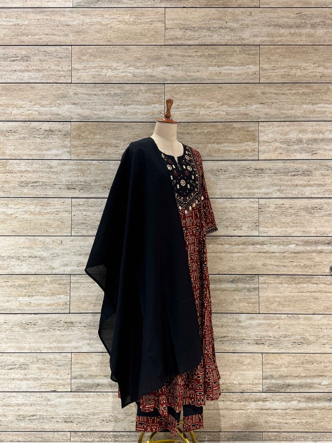 Pure Cotton Ajrakh Print Anarkali Dupatta Set With Embroidery Work