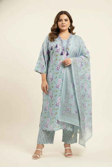 Pure Cotton Three Piece Dupatta Set With Plus Size
