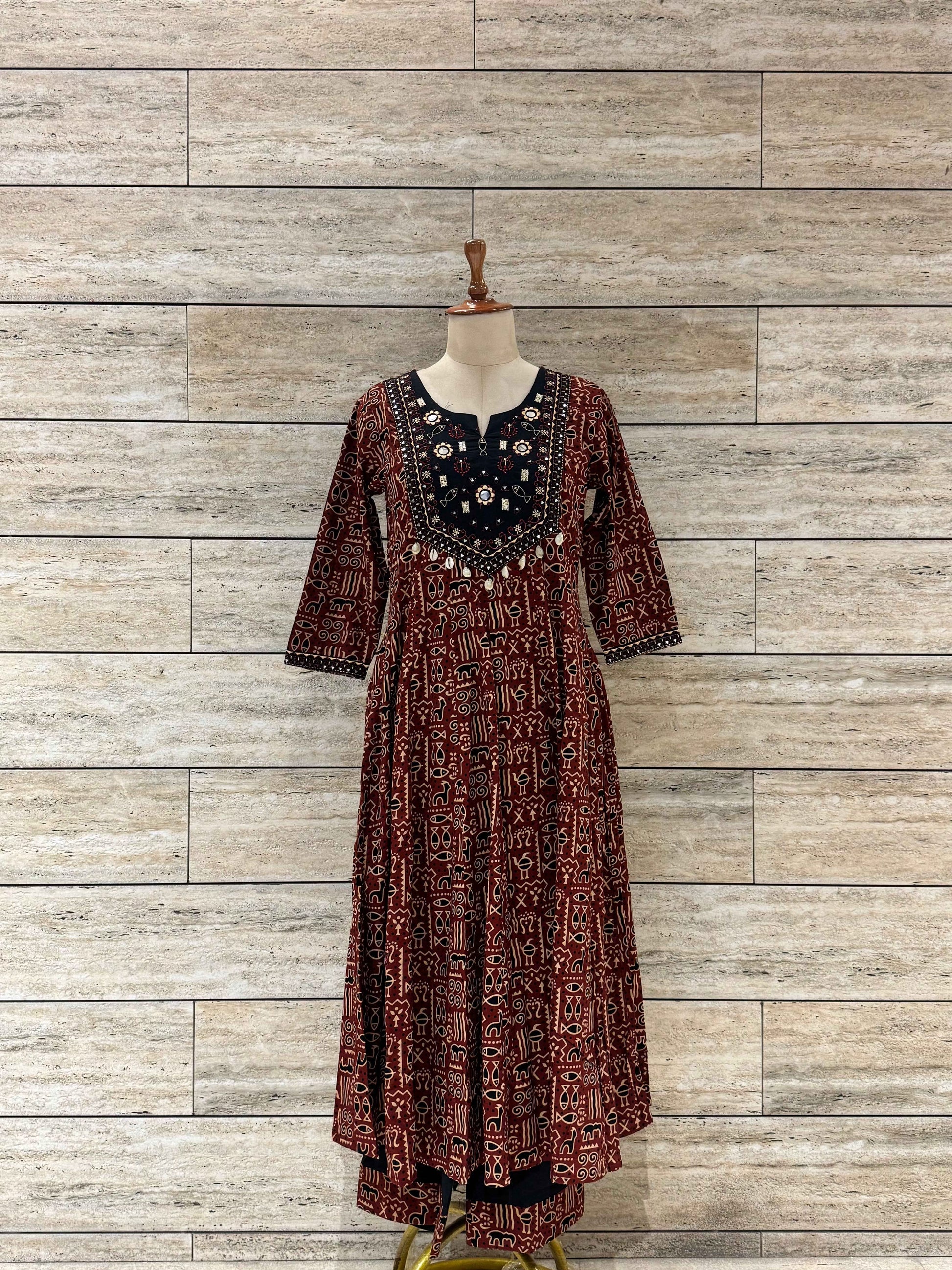 Pure Cotton Ajrakh Print Anarkali Dupatta Set With Embroidery Work