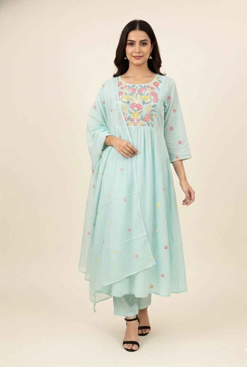 Pure Mul Cotton A Line  Three Piece Dupatta Set