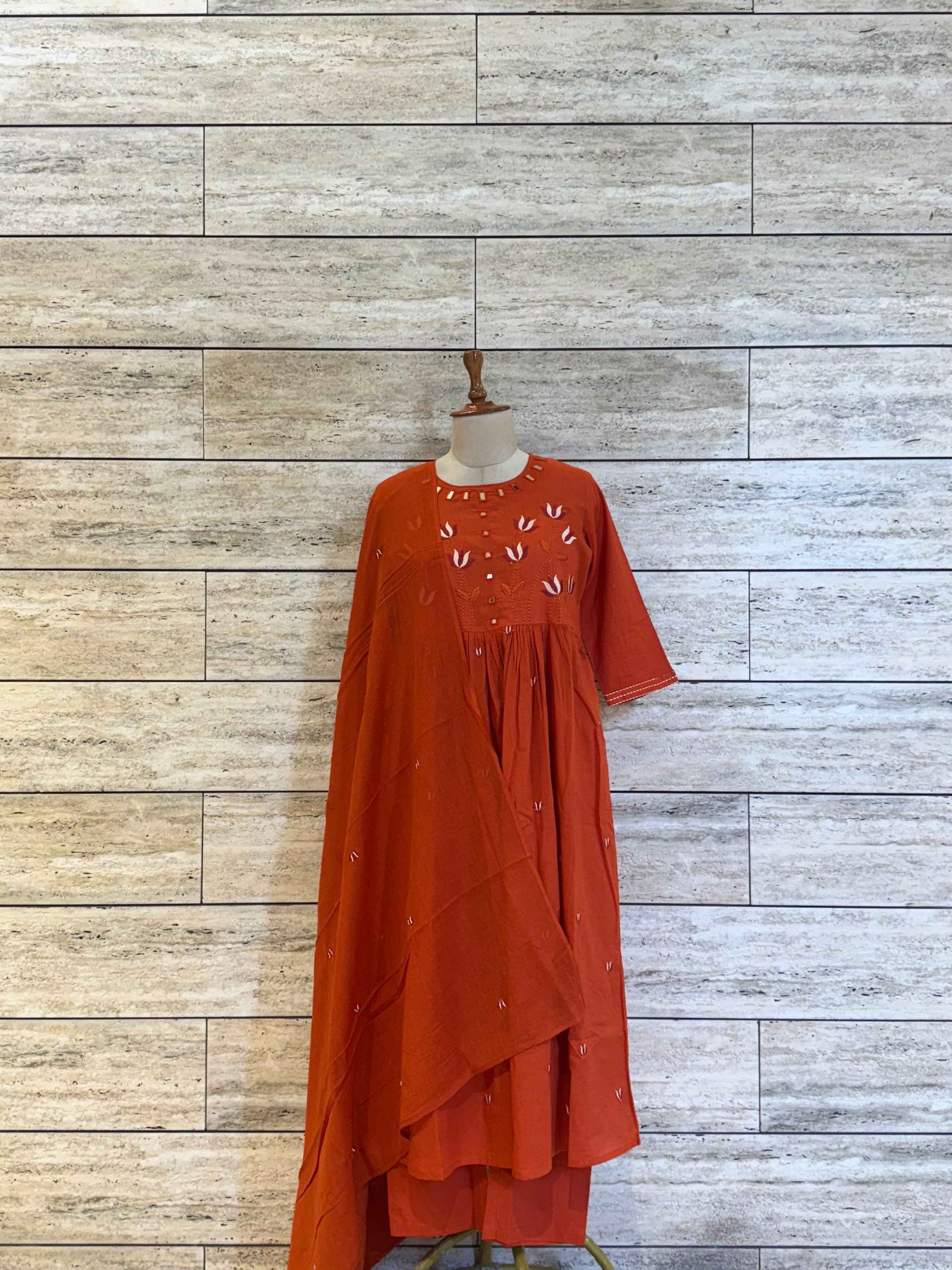 Pure Cotton A Line Dupatta Set With Embroidery Work CS085