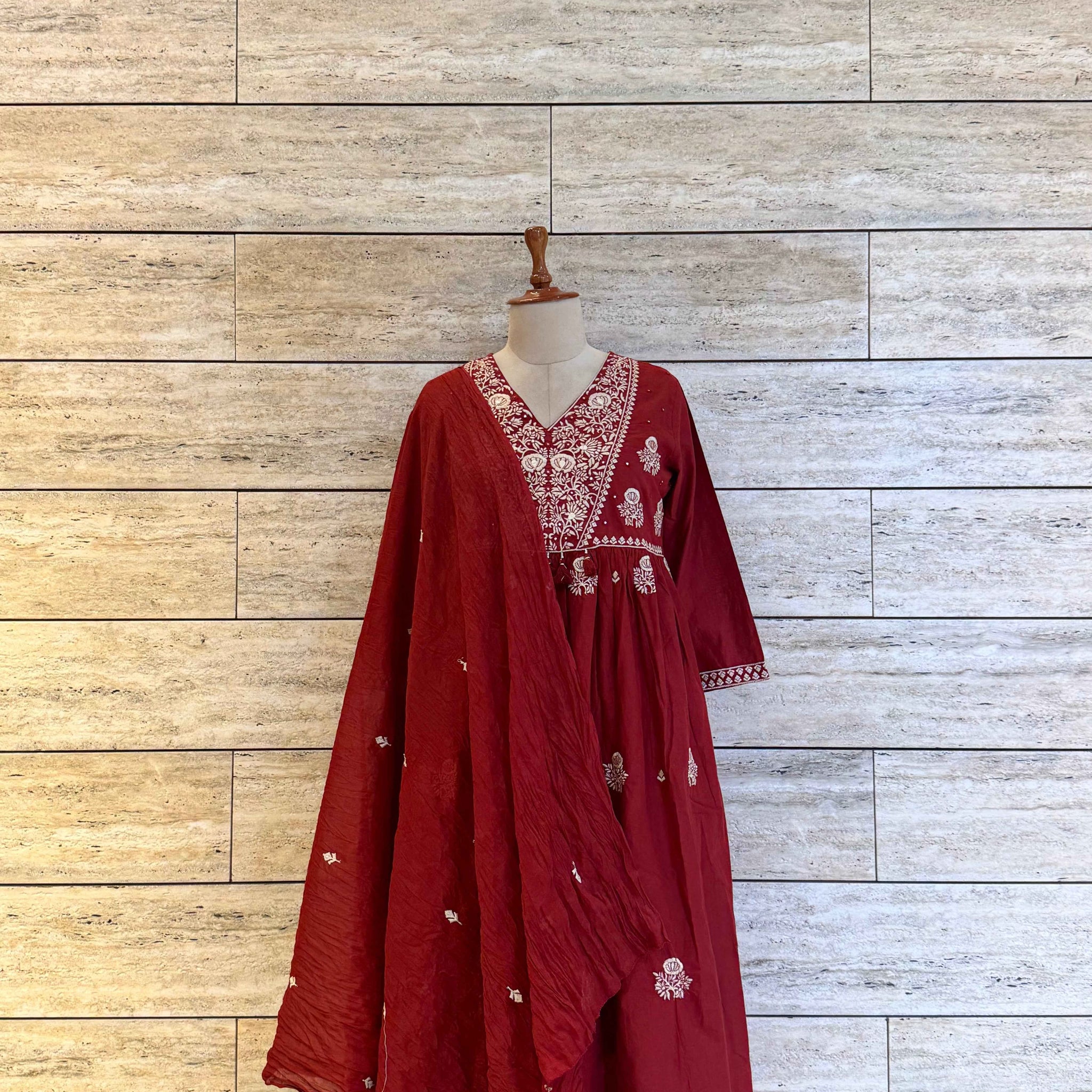 Pure Cotton A Line Dupatta Set With Embroidery Work