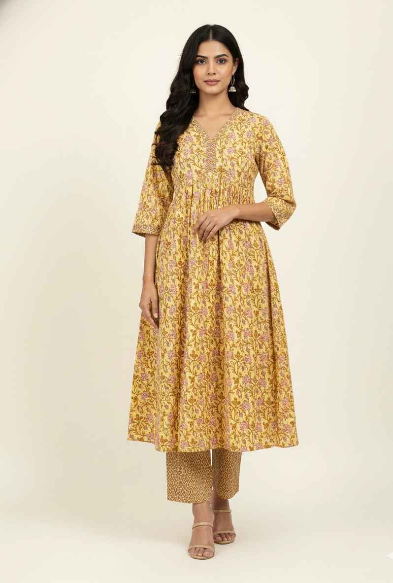 Pure Cotton A Line Anarkali Dupatta Set