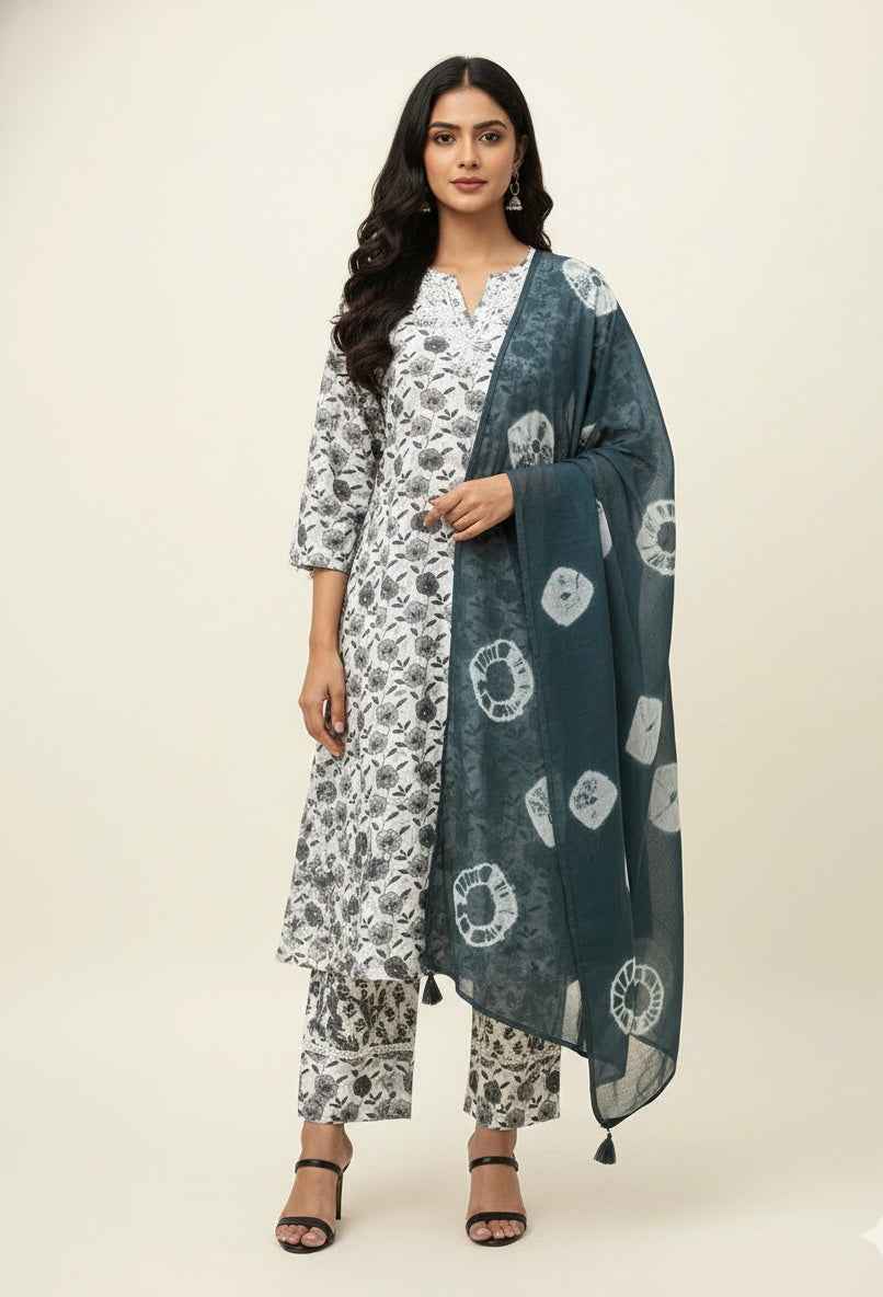 Pure Cotton A Line Anarkali Dupatta Set