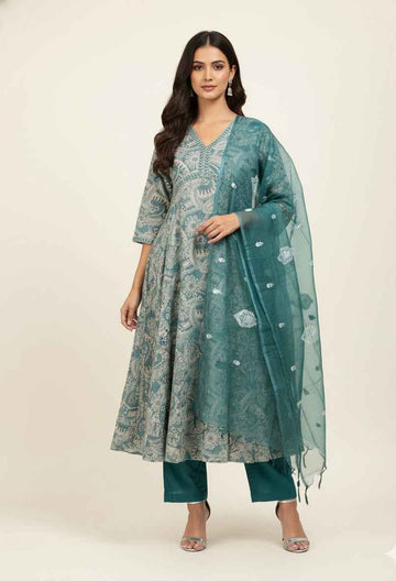 Pure Cotton A Line Anarkali Dupatta Set