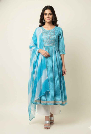 Pure Cotton A Line Anarkali Dupatta Set