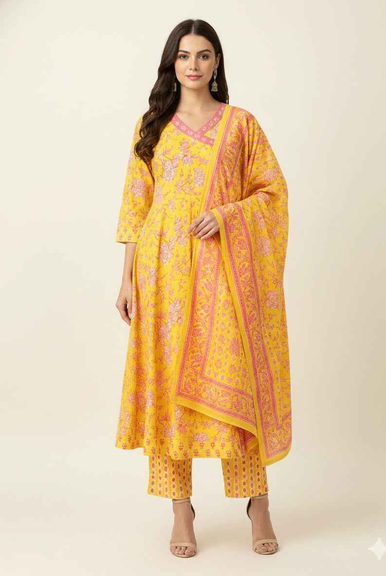 Pure Cotton A Line Anarkali Dupatta Set