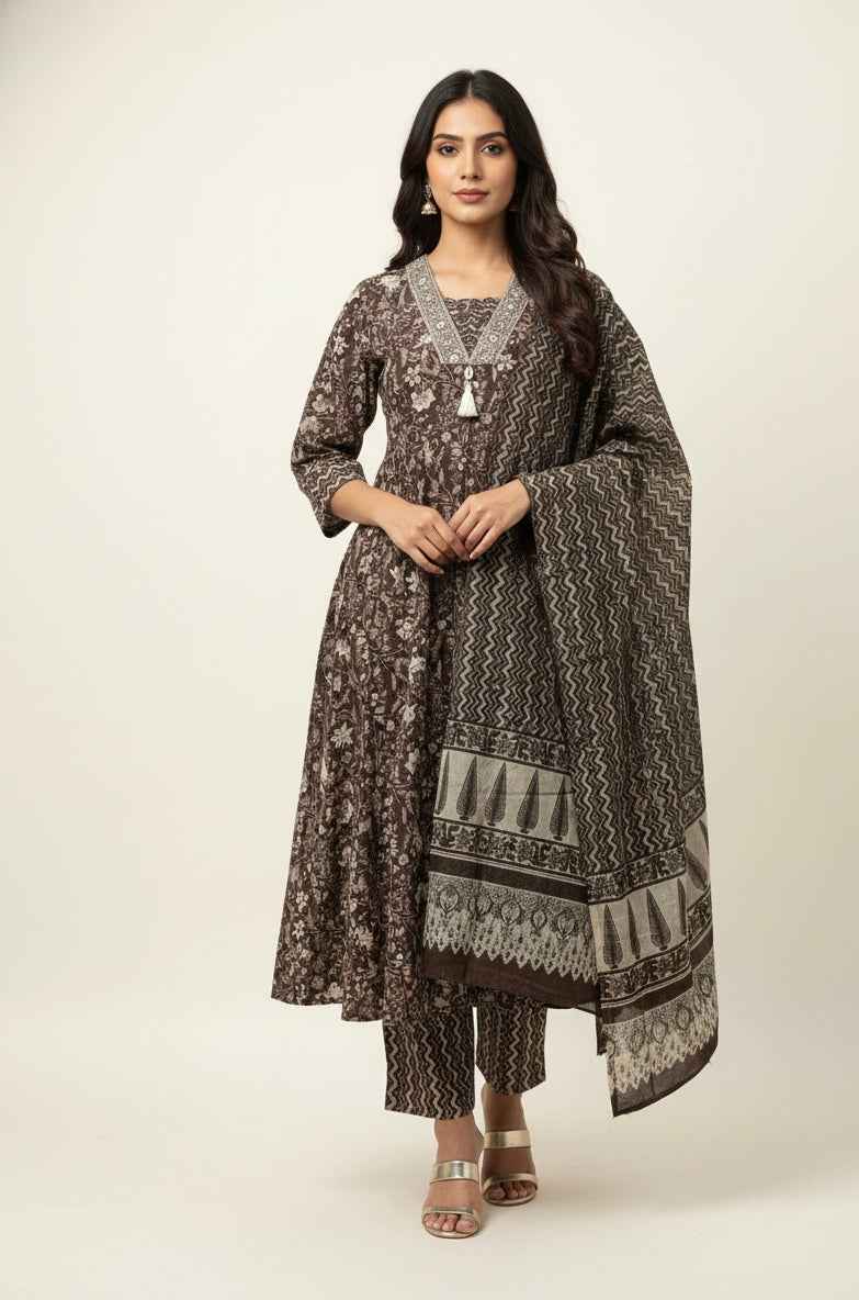 Pure Cotton A Line Anarkali Dupatta Set