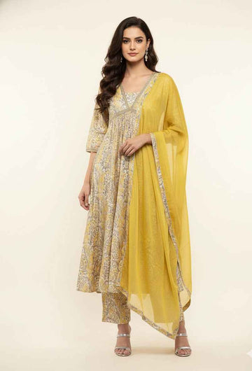 Pure Cotton A Line Anarkali Dupatta Set