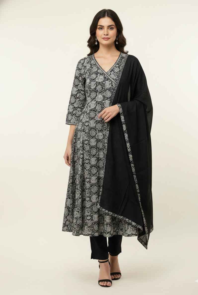 Pure Cotton A Line Anarkali Dupatta Set
