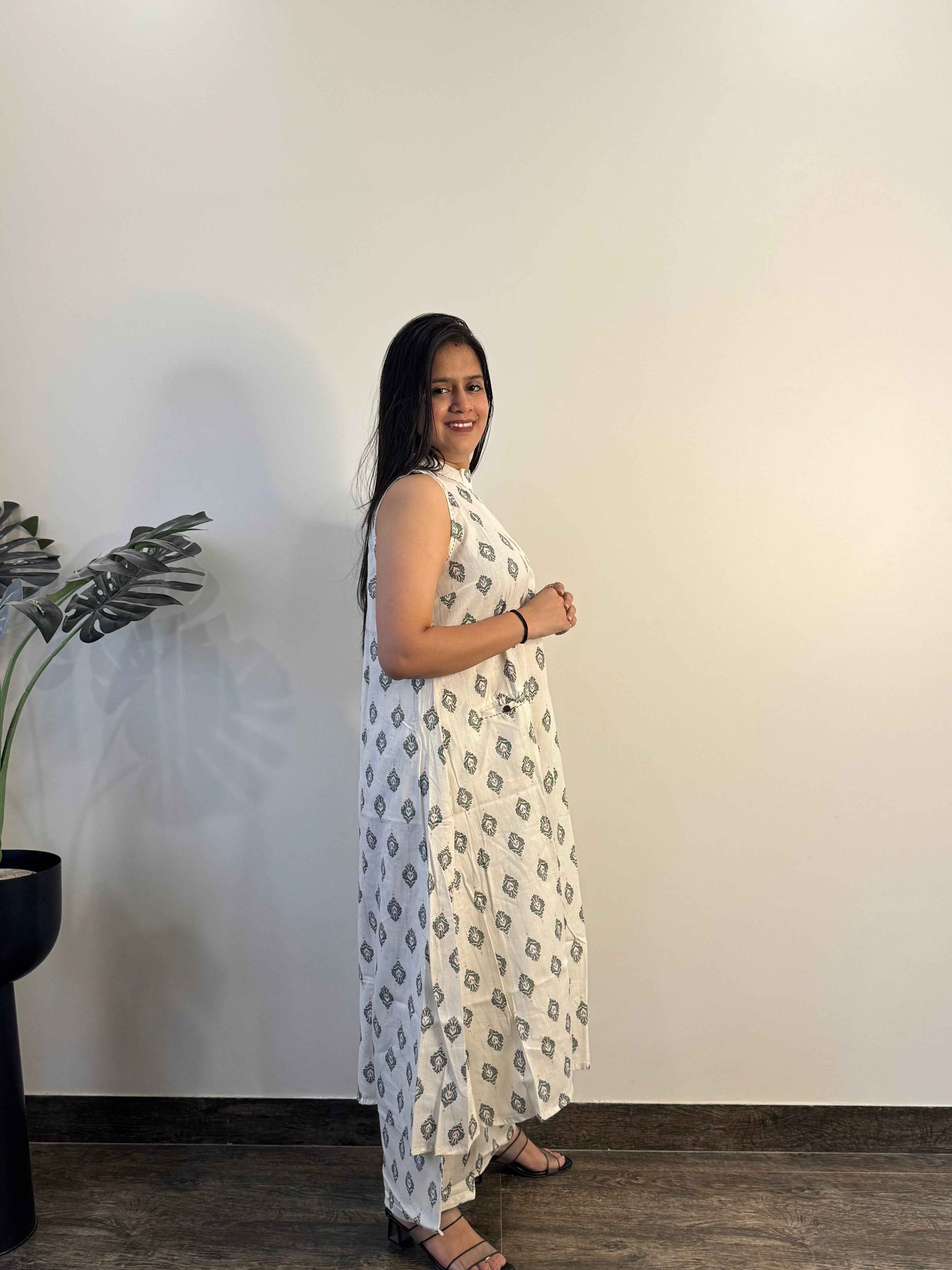 Pure Cotton A Line Two Piece Pant Set With Palazzo