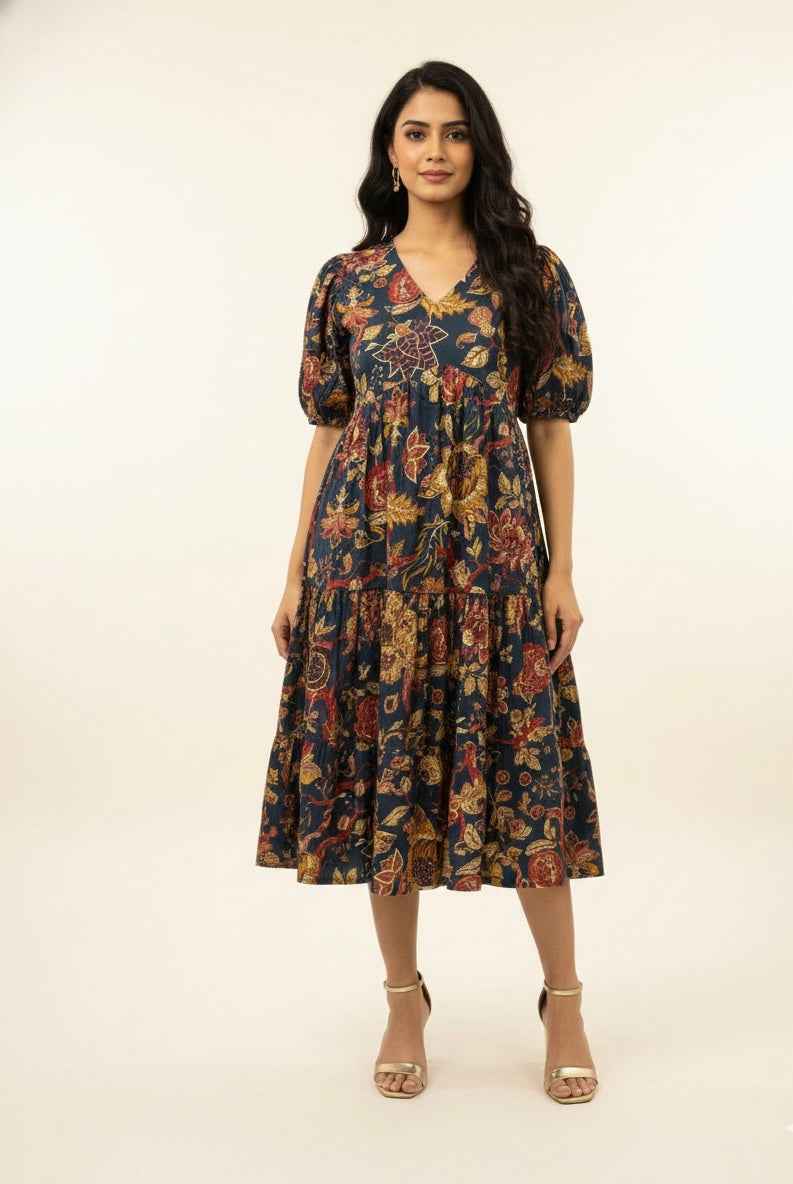 Pure Cotton Floral Print One Piece Midi Dress