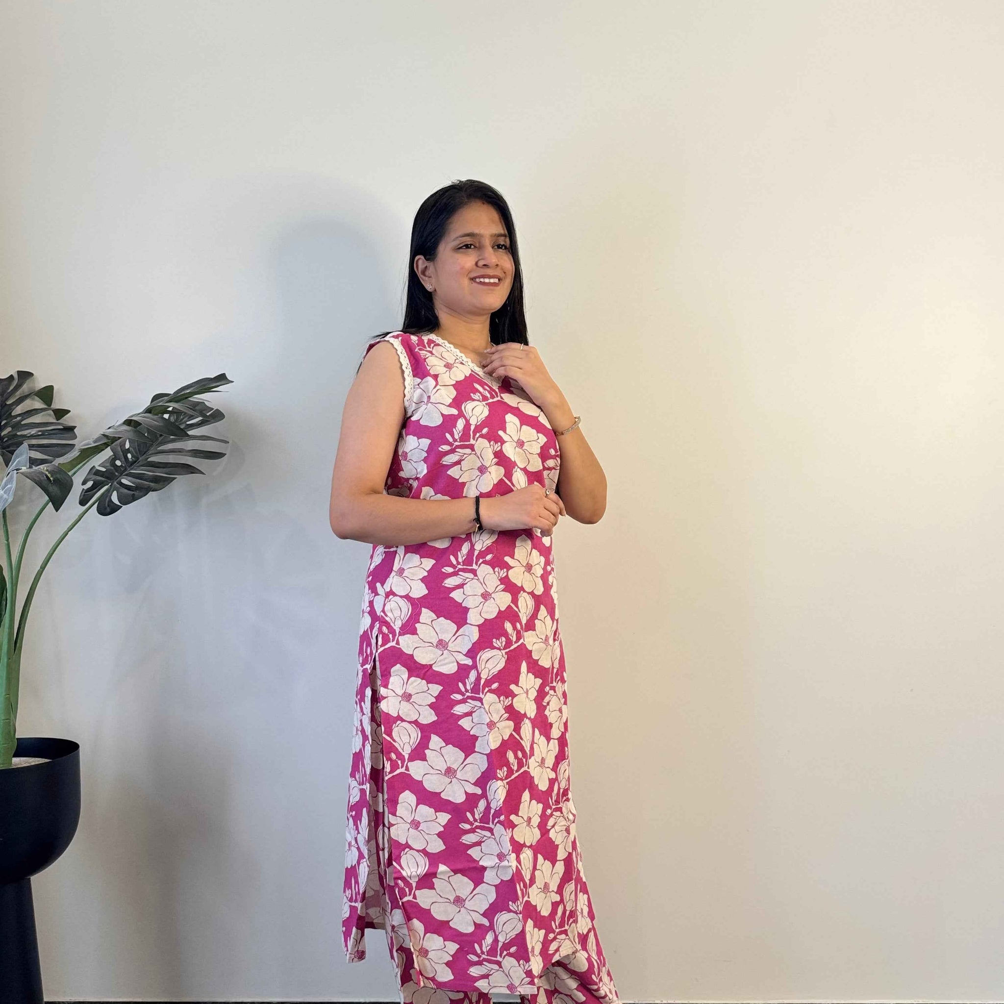 Pure Cotton Floral Print Two Piece Pant Set With Sleeveless