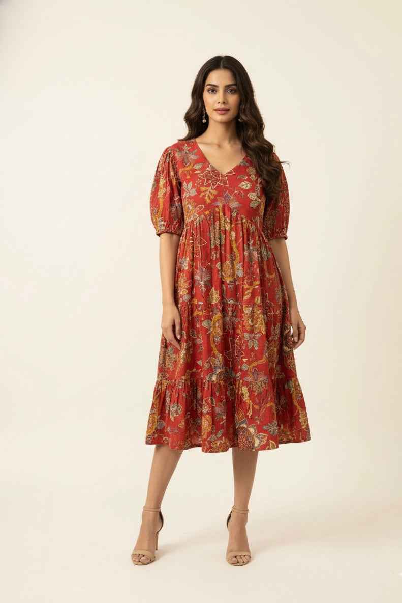 Pure Cotton Floral Print One Piece Midi Dress