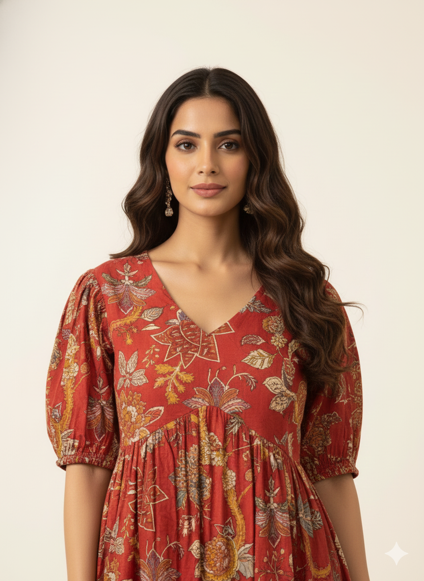 Pure Cotton Floral Print One Piece Midi Dress