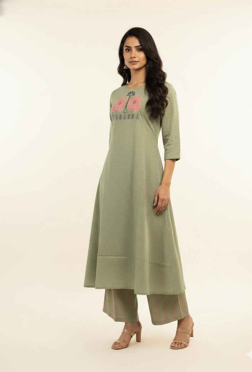 Pure Cotton Flex  A Line Two Piece With Palazzo