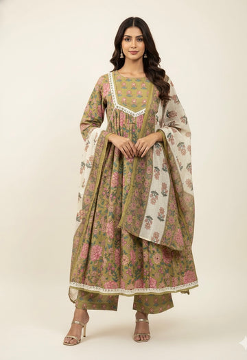 Pure Cotton floral print anarkali Dupatta Set ANK025
