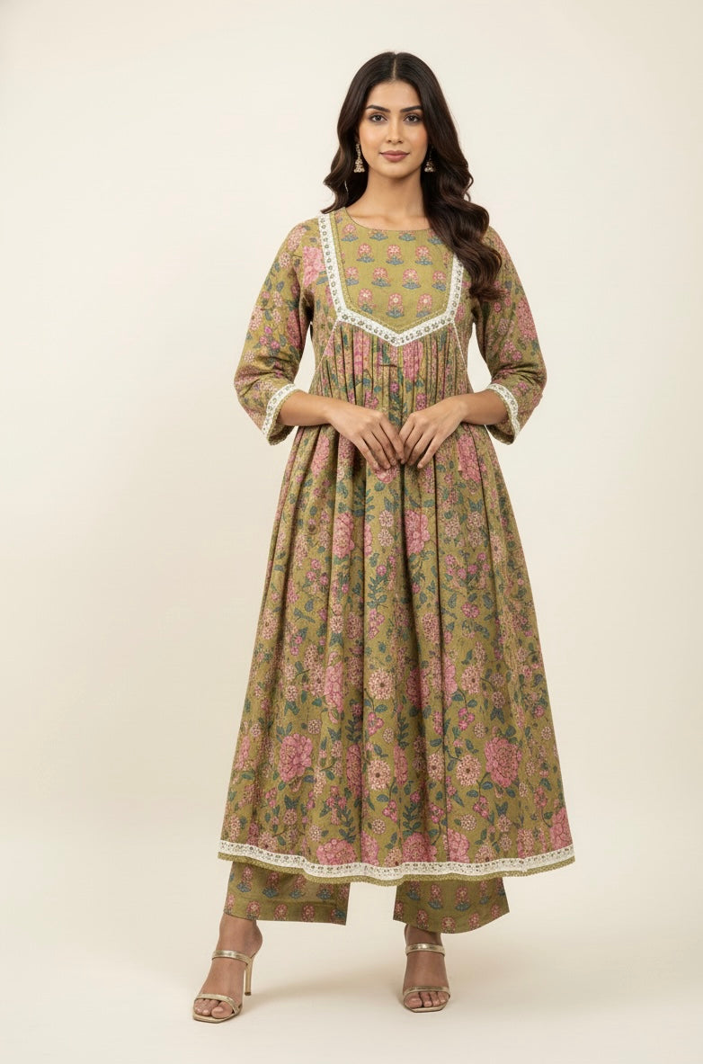 Pure Cotton floral print anarkali Dupatta Set ANK025