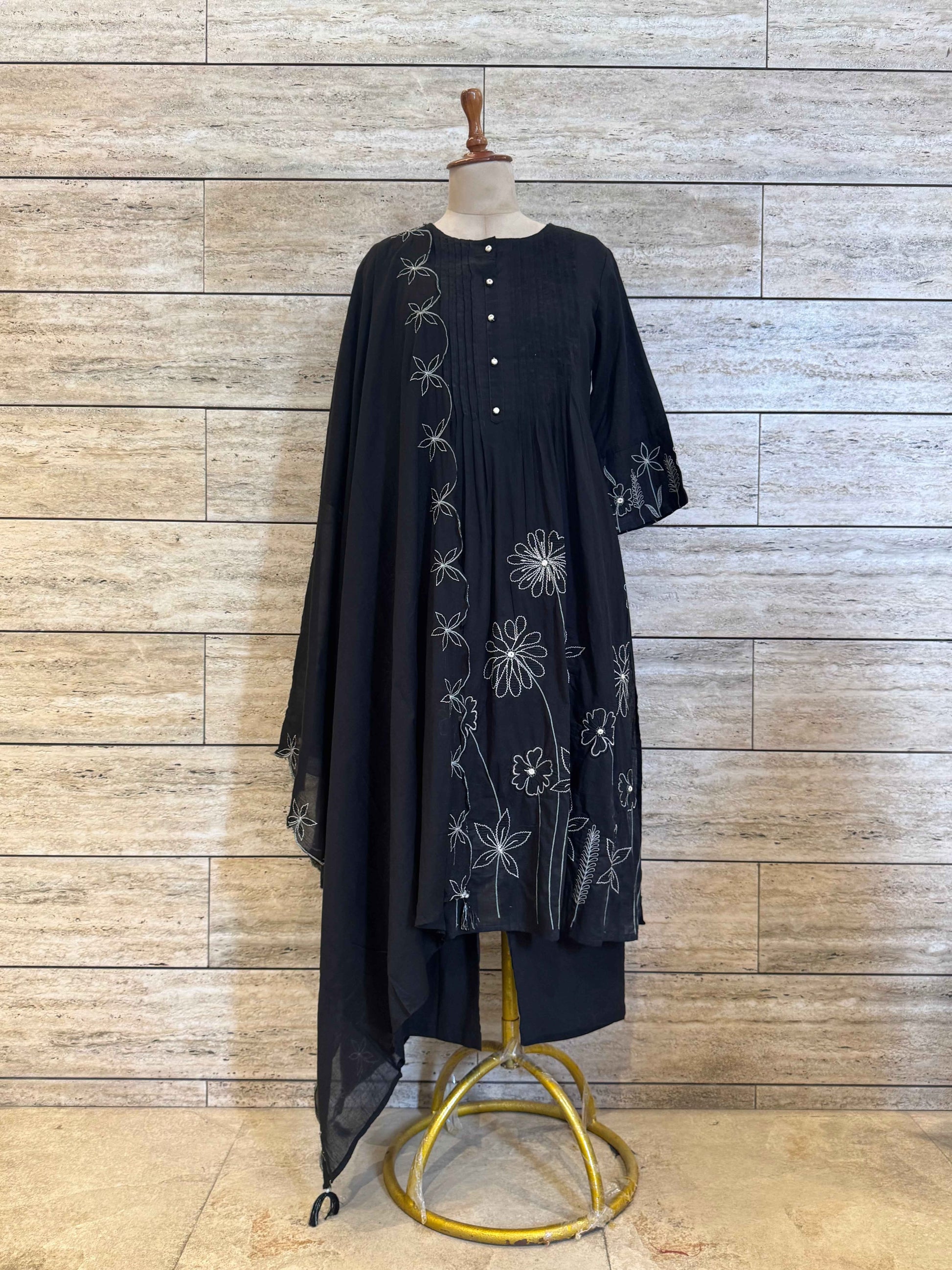 Pure Cotton A Line Dupatta Set With Embroidery Work