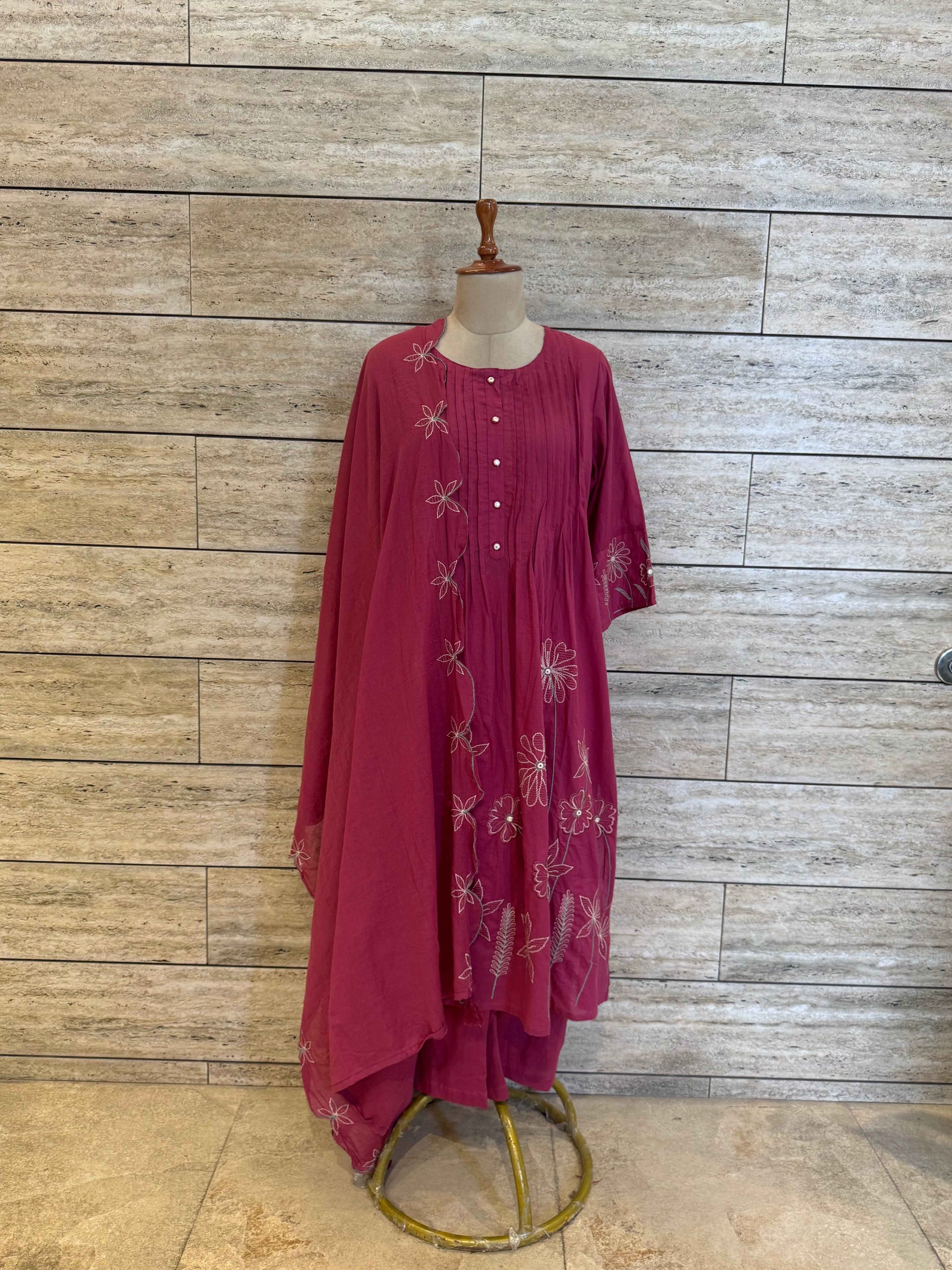 Pure Cotton A Line Dupatta Set With Embroidery Work