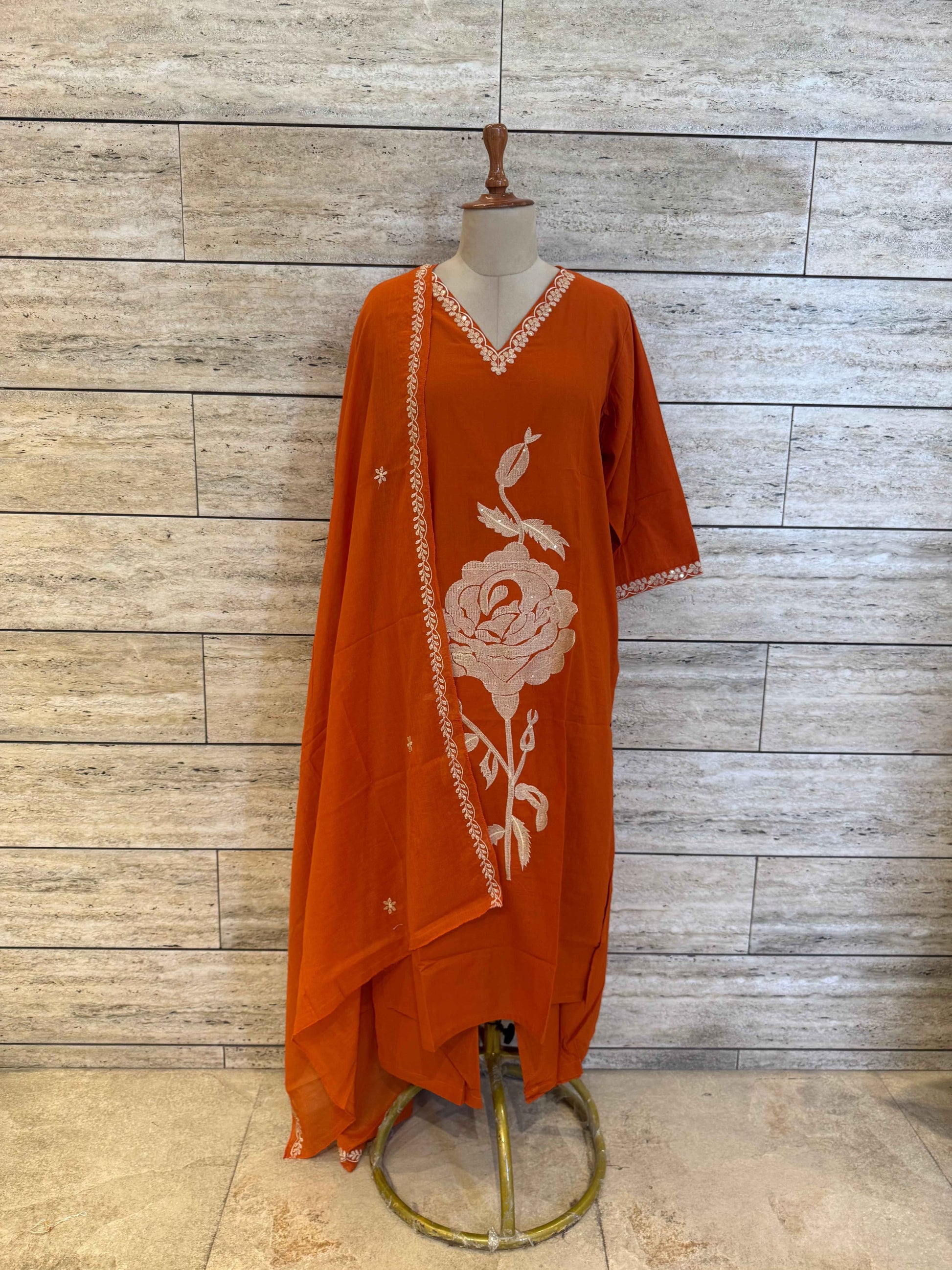 Pure Cotton With Embroidery Dupatta Set Plus Size