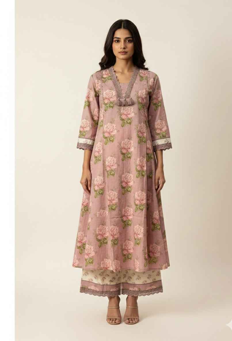 Pure Cotton A Line Floral Print Anarkali Dupatta Set With Palazzo