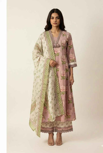 Pure Cotton A Line Floral Print Anarkali Dupatta Set With Palazzo