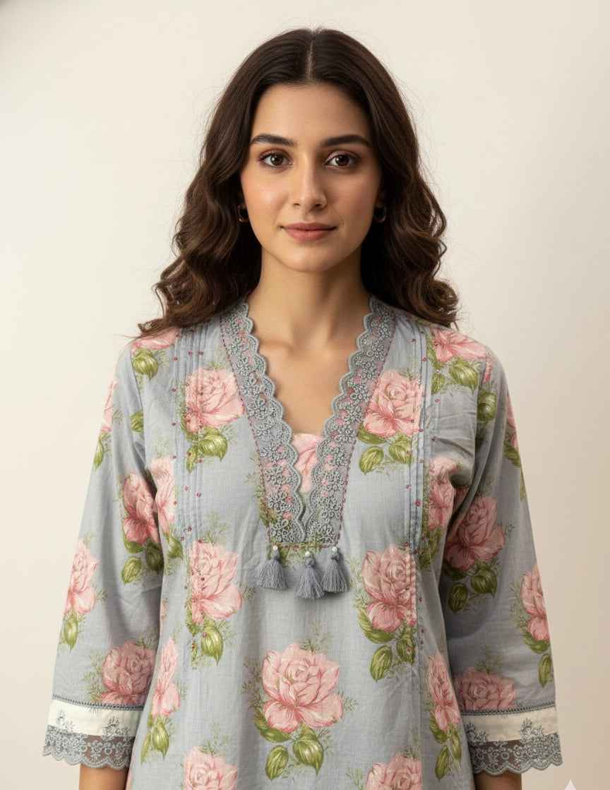 Pure Cotton A Line Floral Print Anarkali Dupatta Set With Palazzo