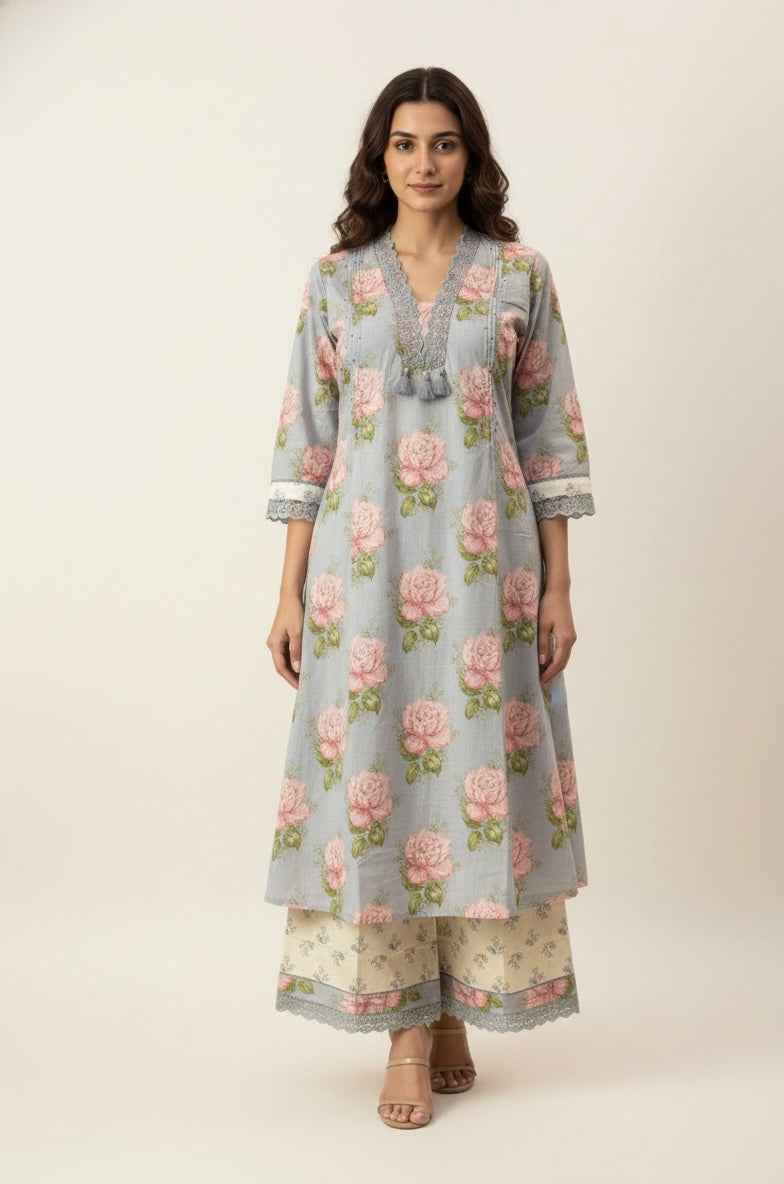 Pure Cotton A Line Floral Print Anarkali Dupatta Set With Palazzo