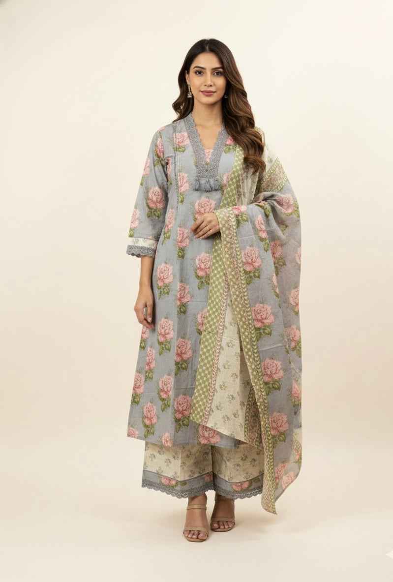 Pure Cotton A Line Floral Print Anarkali Dupatta Set With Palazzo