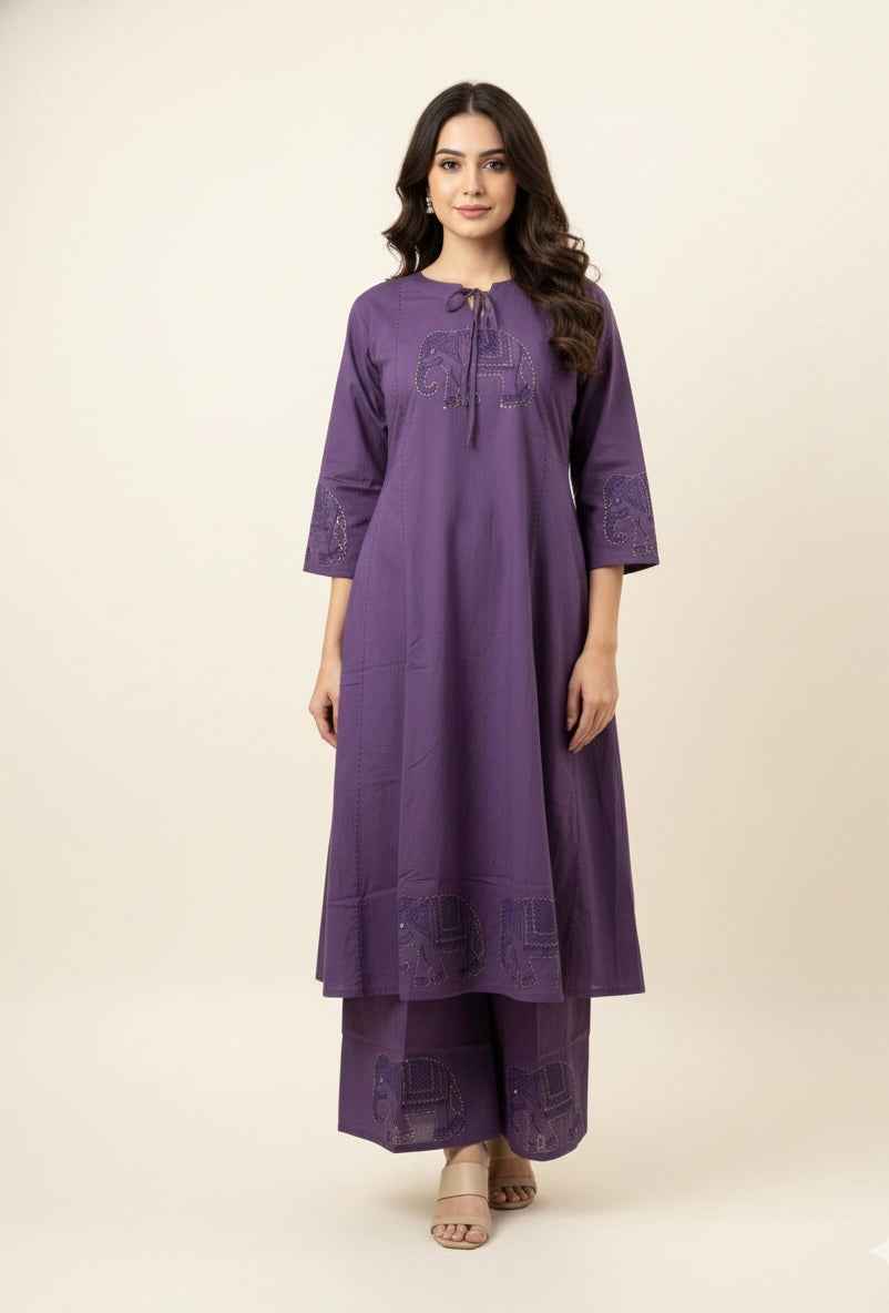 Pure Cotton A Line Three Piece Dupatta Set With Palazzo