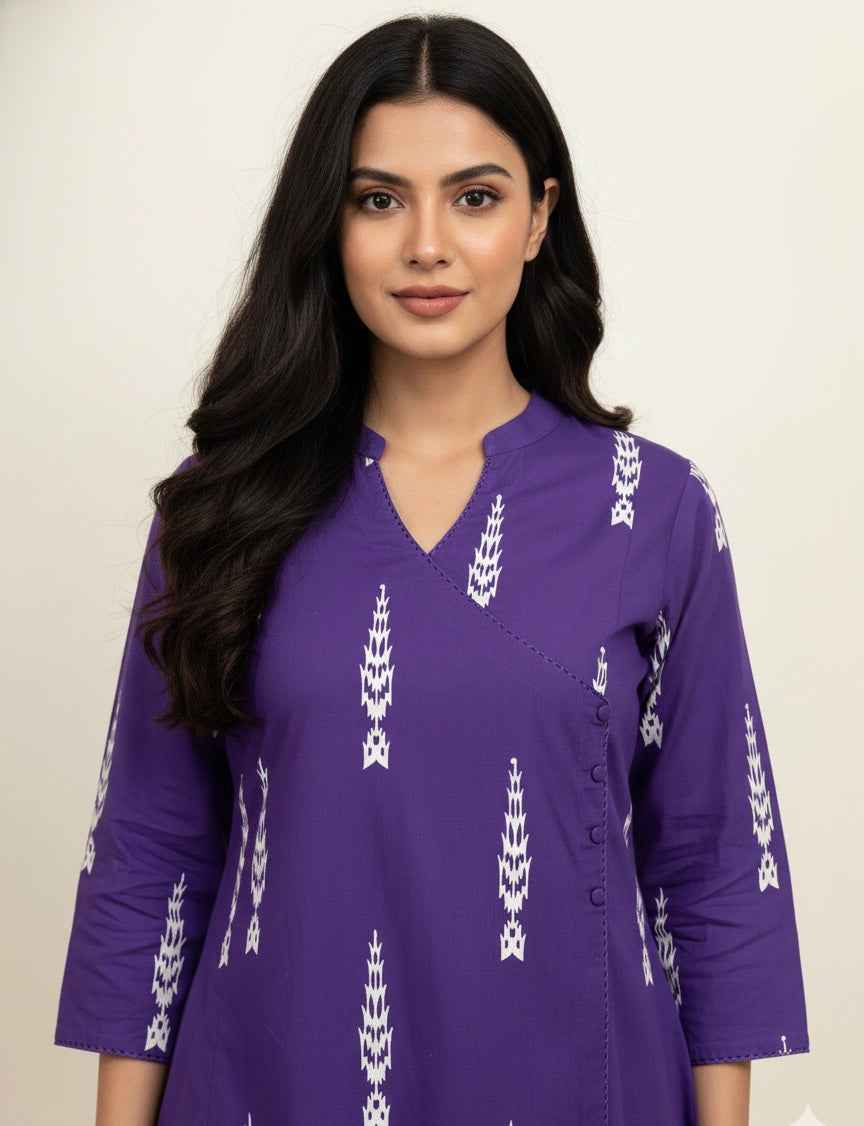 Pure Cotton Three Piece  Angrakha Style Dupatta Set