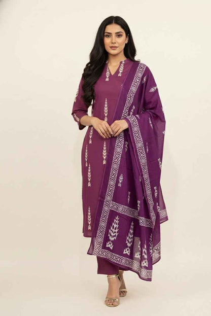 Pure Cotton Three Piece  Angrakha Style Dupatta Set
