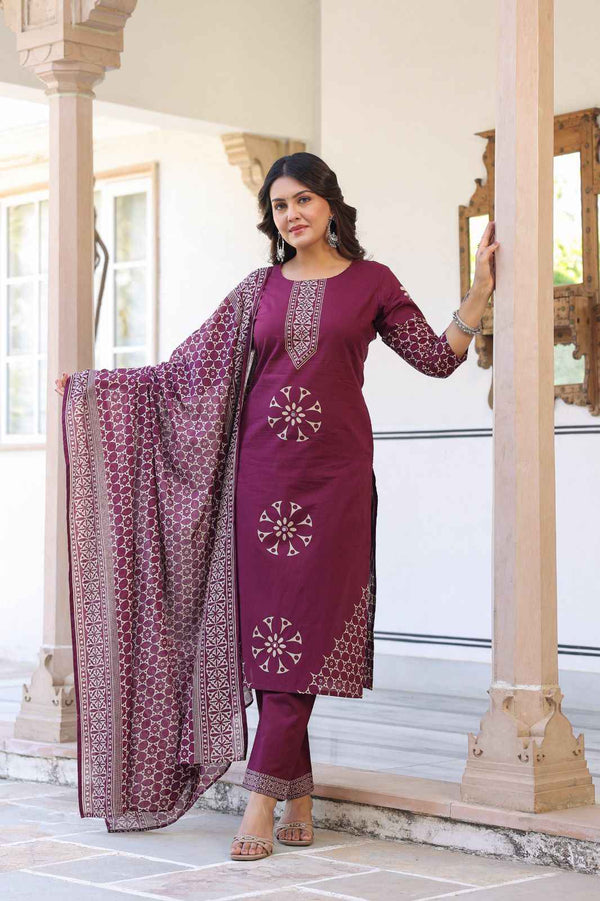 Pure Cotton Three Piece  With Printed Dupatta Set