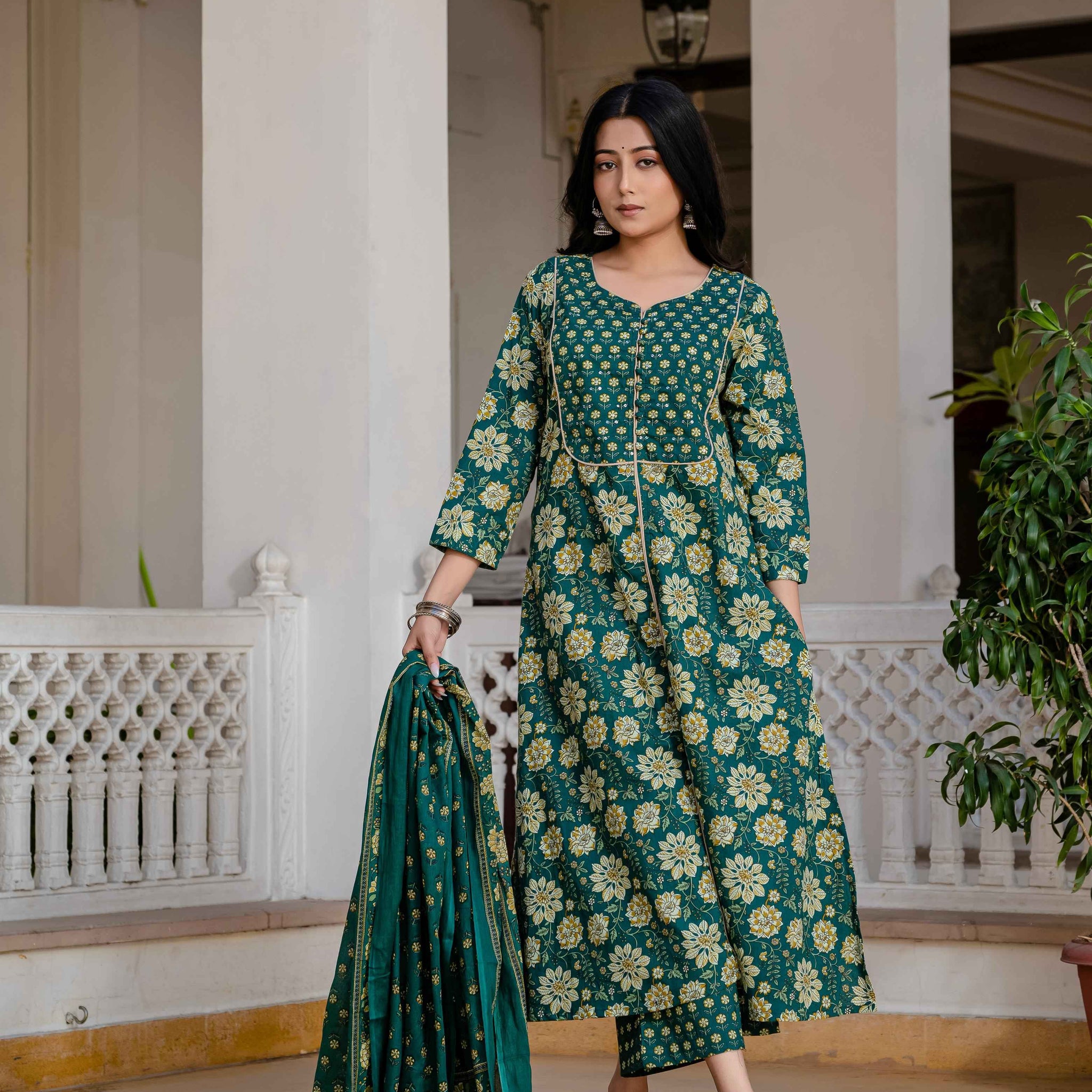 Cotton A Line Three Piece Dupatta Set.