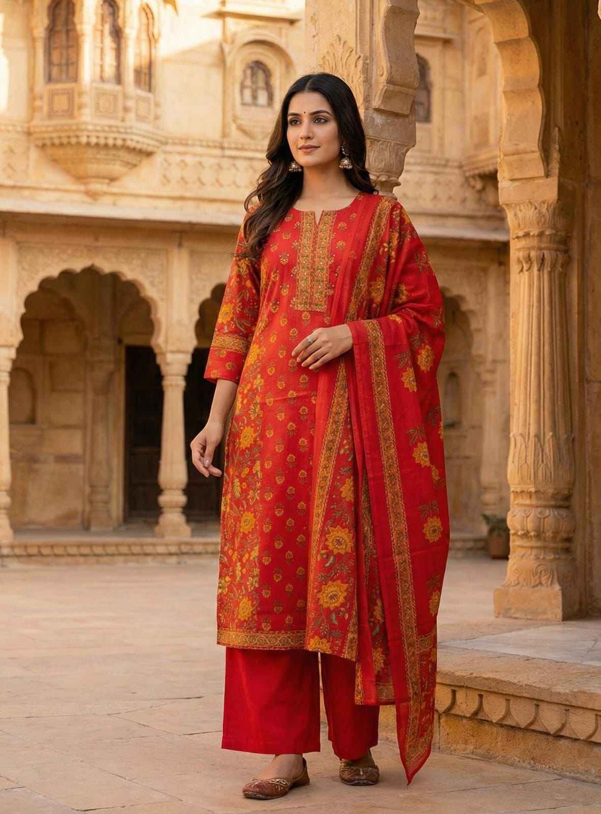 Pure Cotton Three Piece Dupatta Set With Palazzo