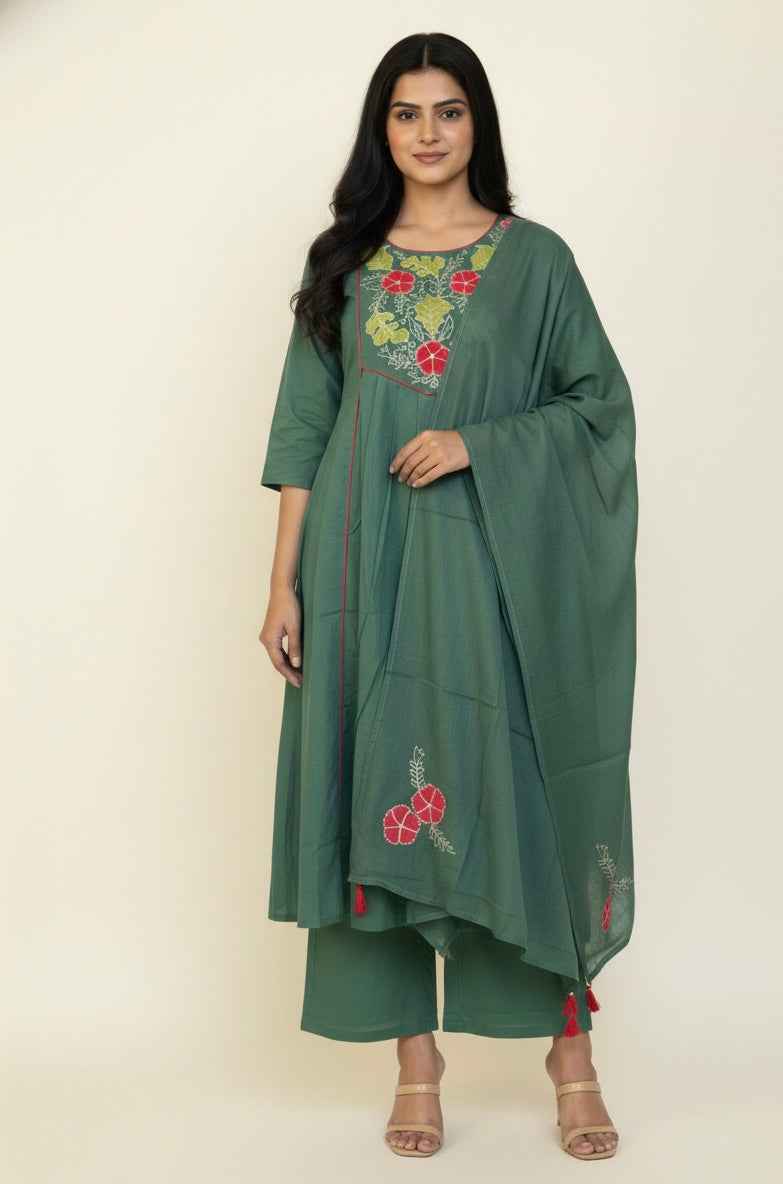 Pure Cotton  A Line Three Piece Dupatta Set