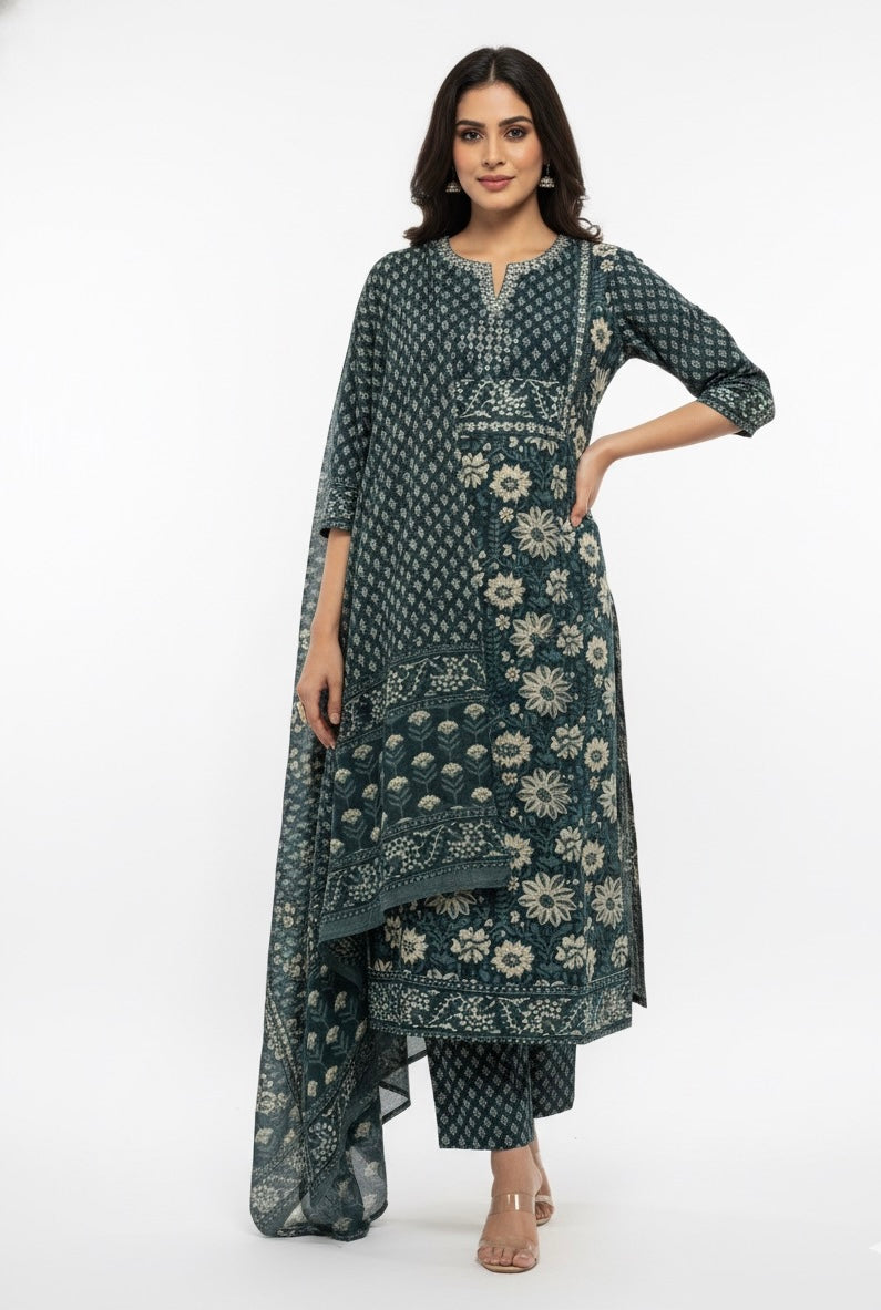 Pure Cotton Floral Print Straight Dupatta Set FL0211