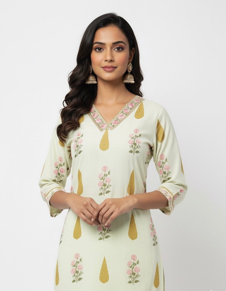 Light Yellow Hand Block Cotton Dupatta Set FL020