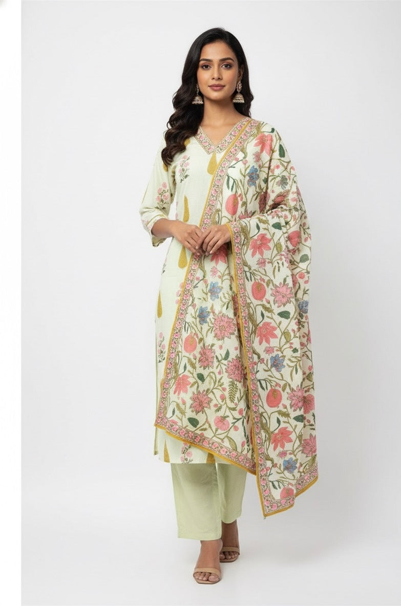 Light Yellow Hand Block Cotton Dupatta Set FL020