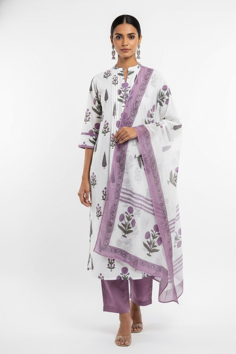 White Base Hand Block Cotton Suit   FL028