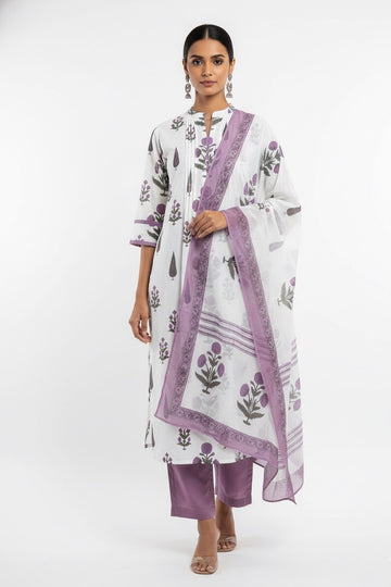 White Base Hand Block Cotton Suit   FL028