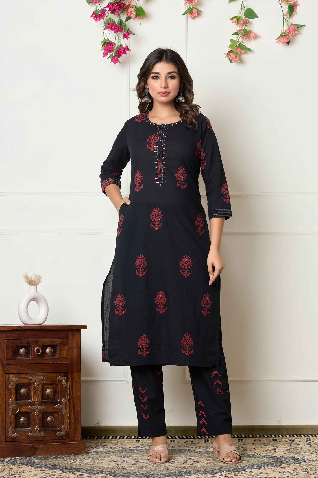 Jet Black Pure Cotton Hand Block Dupatta Set