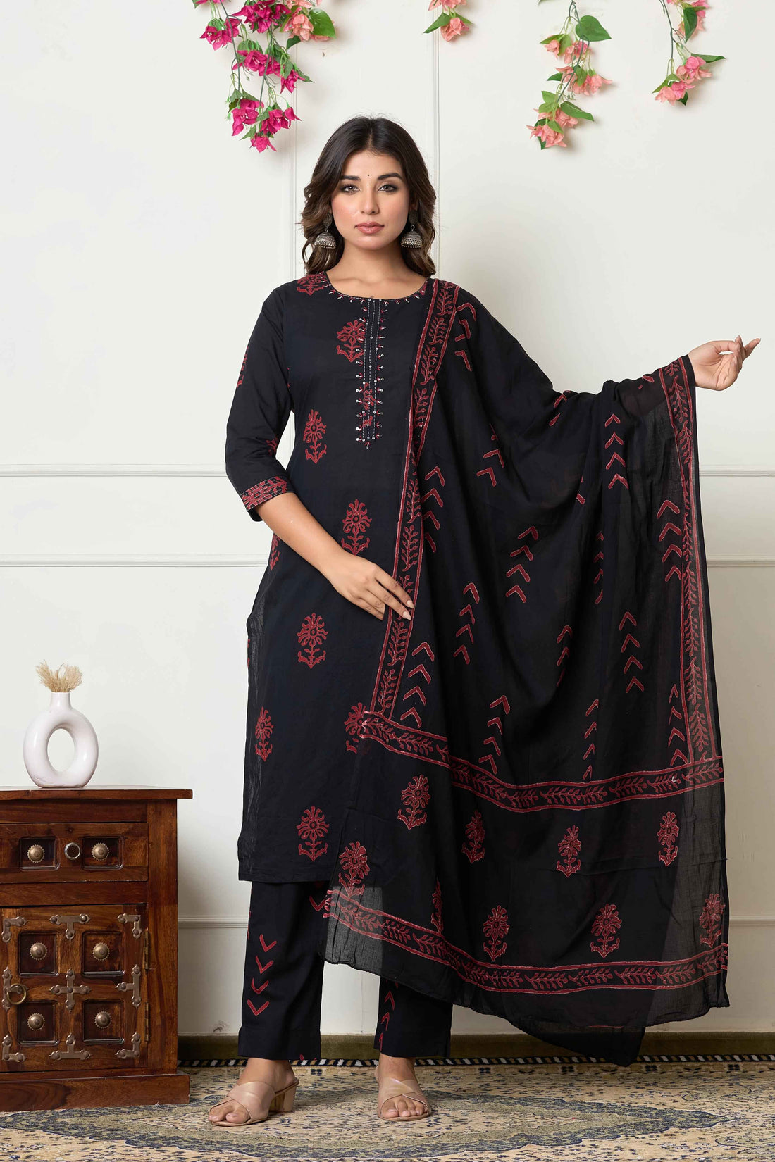 Jet Black Pure Cotton Hand Block Dupatta Set