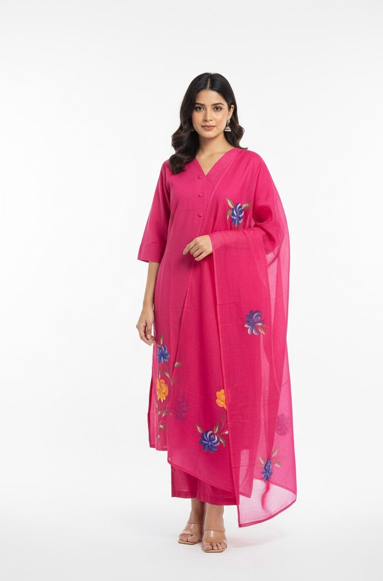 Hand Brush Pure Cotton Solid Base Dupatta Set Price   FL037