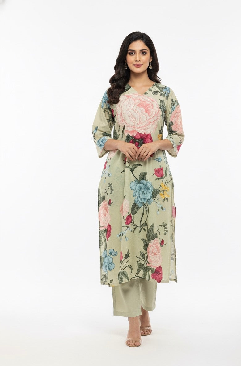 Mint Green Pure Cotton Digital Print Dupatta Set   FL038