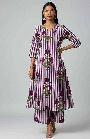 Stripes Print Pure Cotton Two Piece Pant Set -  PS005